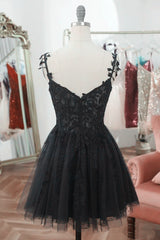 Bridesmaid Dress Shopping, Chic Black Lace Straps Tulle Short Party Drss, Black Sweetheart Homecoming Dress