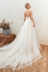 Wedding Dresses Under 10008, Chic Deep V-Neck White Tulle Princess Open Back Wedding Dresses with Court Train