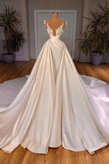 Wedding Dresses Princesses, Chic Long A-line Cathedral Sleeveless V-neck Satin Wedding Dresses