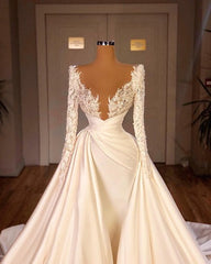 Wedding Dresses For Bride Boho, Chic Long A-line Cathedral V-neck Satin Lace Wedding Dress With Sleeves