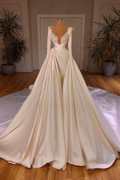 Wedding Dress Lace Simple, Chic Long A-line Cathedral V-neck Satin Lace Wedding Dress With Sleeves