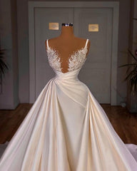 Weddings Dresses Lace Simple, Chic Long A-line Sleeveless Spaghetti Strap Cathedral V-neck Satin Lace Wedding Dress