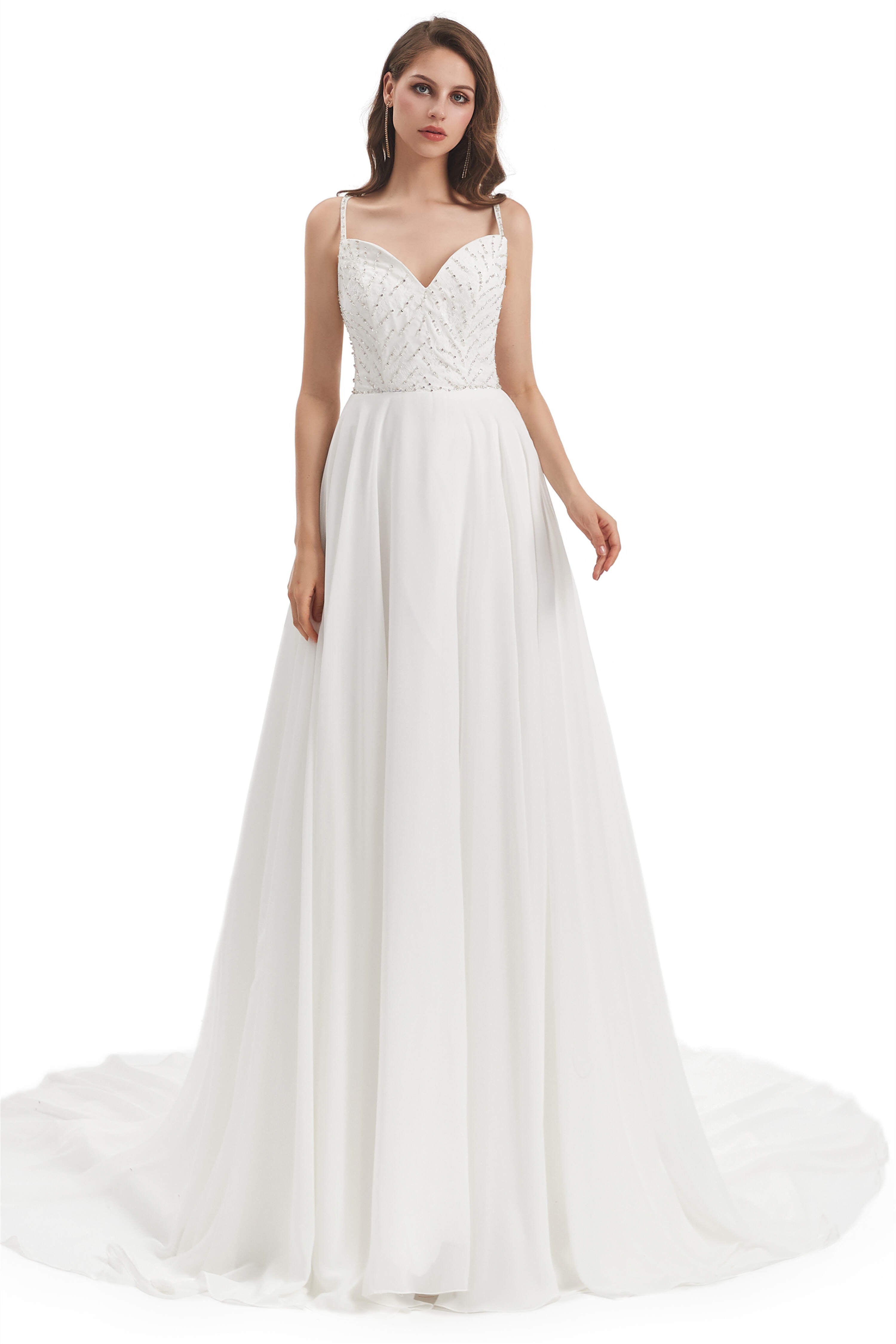 Wedding Dress For Bridesmaid, Chiffon Lace Spaghetti Straps Beading Wedding Dresses