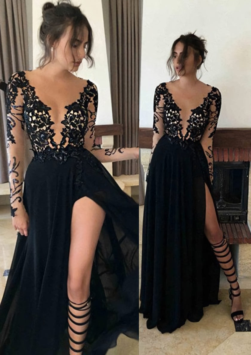 Party Dress For Couple, Chiffon Long/Floor-Length A-Line/Princess Full/Long Sleeve Bateau Zipper Up At Side Prom Dress With Appliqued