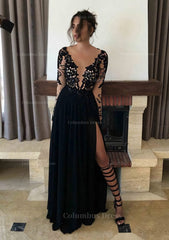 Classy Dress Outfit, Chiffon Long/Floor-Length A-Line/Princess Full/Long Sleeve Bateau Zipper Up At Side Prom Dress With Appliqued