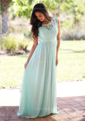 Emerald Green Bridesmaid Dress, Chiffon Long/Floor-Length A-Line/Princess Sleeveless Bateau Zipper Prom Dress With Appliqued