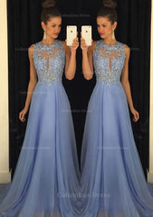 Party Dress For Christmas Party, Chiffon Prom Dress A-Line/Princess Scoop Neck Sweep Train With Appliqued Beaded