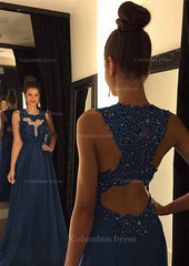 Party Dresses For Christmas Party, Chiffon Prom Dress A-Line/Princess Scoop Neck Sweep Train With Appliqued Beaded