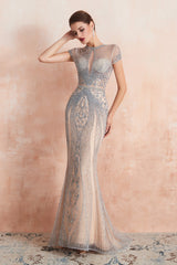 Prom Dress Different, Mermaid Round Neck Long Prom Dresses with Crystal Beading