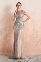 Prom Dress 2051, Mermaid Round Neck Long Prom Dresses with Crystal Beading