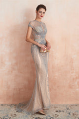 Prom Dresse 2044, Mermaid Round Neck Long Prom Dresses with Crystal Beading