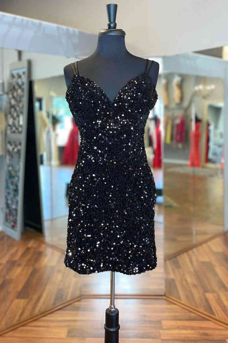 Homecoming Dresses Simples, Cirss Cross Straps Black Sequined Homecoming Dress,Night Dress Party Short