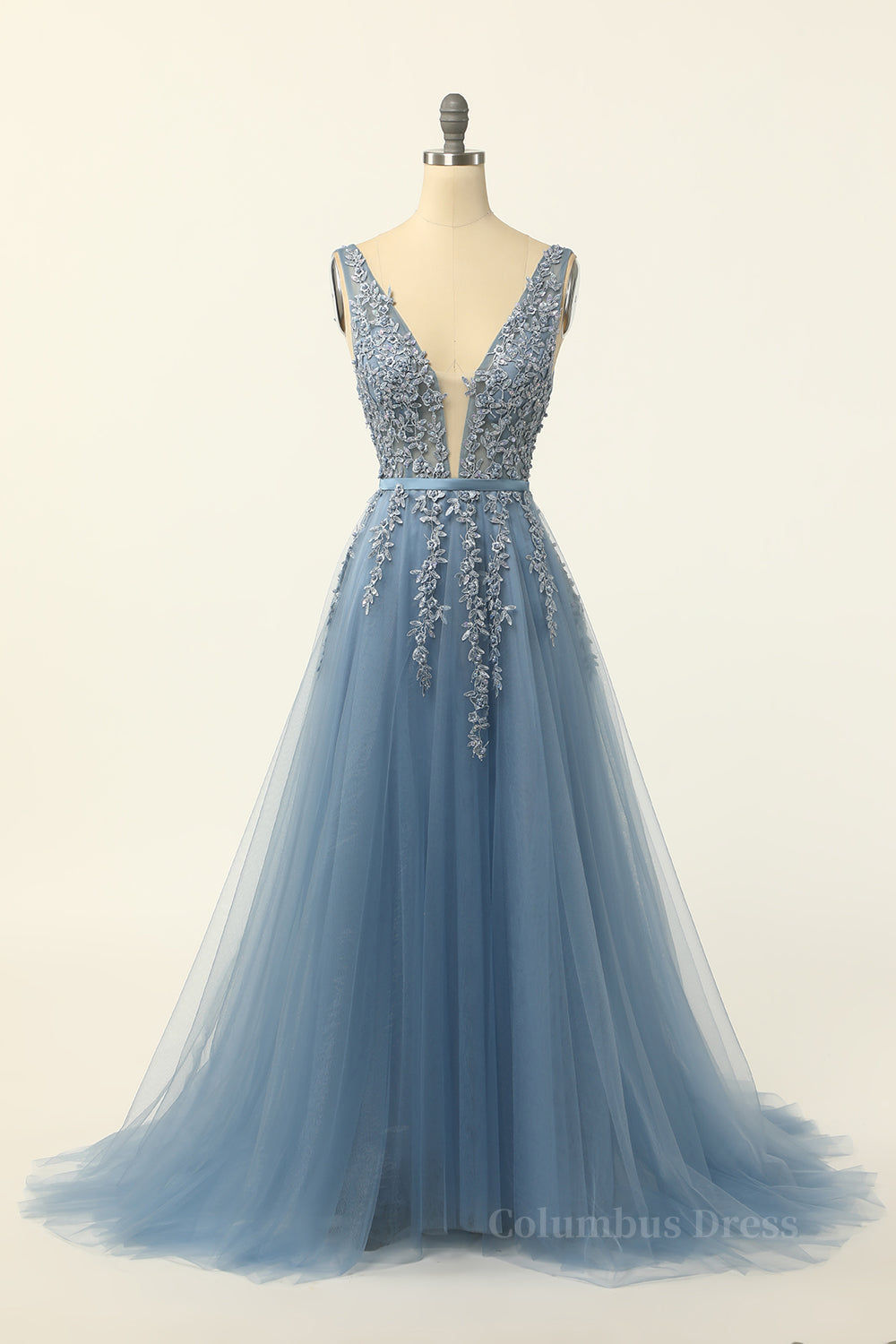 Bridesmaid Dress Winter, Classic Blue A-line Tulle and Appliques Long Formal Dress