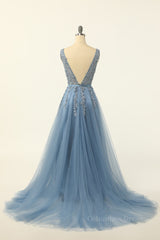 Bridesmaids Dresses Winter, Classic Blue A-line Tulle and Appliques Long Formal Dress