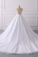 Wedding Dresses Store, Classic Cap sleeves V neck White Ball Gown Lace Wedding Dress