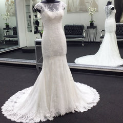Wedding Dresses Boutiques, Classic Cap Sleeves White Illusion neck Lace Mermaid Wedding Dress with Court Train