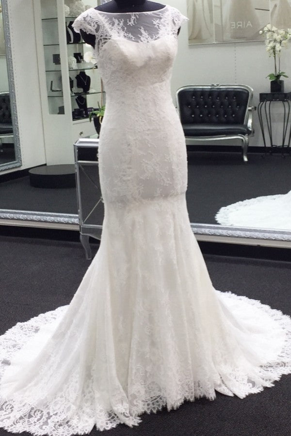Wedding Dress Shaper, Classic Cap Sleeves White Illusion neck Lace Mermaid Wedding Dress with Court Train