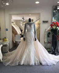 Wedding Dresses Shoes, Classic Collar Long Sleeves Floral Pattern Mermaid Wedding Dress Detachable Sweep Train