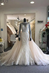 Wedding Dress Shoes, Classic Collar Long Sleeves Floral Pattern Mermaid Wedding Dress Detachable Sweep Train