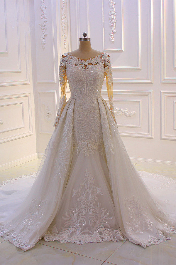 Wedding Dress Shopping Near Me, Classic Jewel Long Sleevess Tulle Lace Sparkle Ivory Wedding Dress