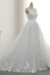 Wedding Dress Inspo, Classic Round neck Lace appliques White Princess Wedding Dress