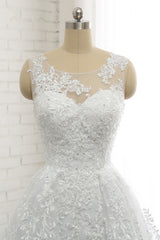 Wedding Dress Sales, Classic Round neck Lace appliques White Princess Wedding Dress