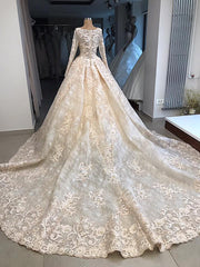 Wedding Dress Different, Classic Scoop Long Sleevess Appliques Ball Gown Wedding Dresses