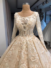 Wedding Dresses With Long Sleeves, Classic Scoop Long Sleevess Appliques Ball Gown Wedding Dresses