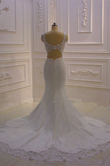 Weddings Dresses Lace, Classic Sleeveless Lace V neck Column White Court Train Wedding Dress