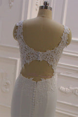 Wedding Dresses For Fall Wedding, Classic Sleeveless Lace V neck Column White Court Train Wedding Dress
