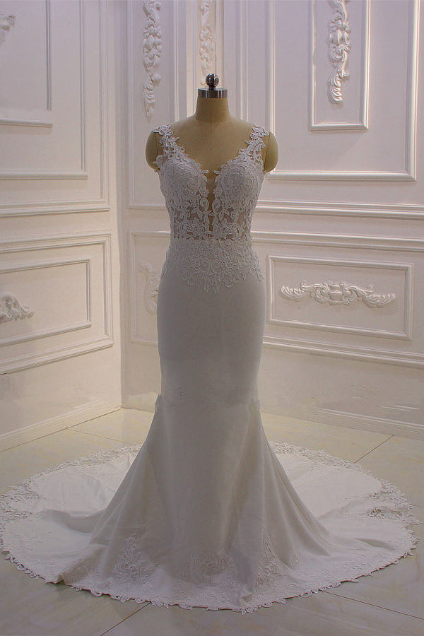 Wedding Dressed Lace, Classic Sleeveless Lace V neck Column White Court Train Wedding Dress