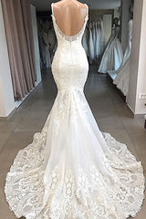 Wedding Dress With Covered Back, Classic Spaghetti Strap V neck White Sleeveless Mermaid Open Back Wedding Dress with Chapel Train