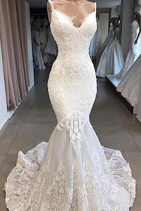 Wedding Dresses Ideas, Classic Spaghetti Strap V neck White Sleeveless Mermaid Open Back Wedding Dress with Chapel Train