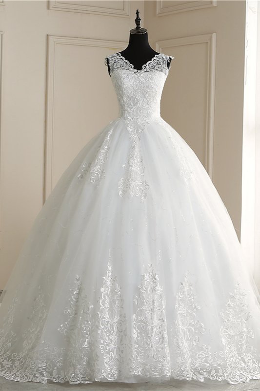 Wedding Dress Fashion, Classic White V neck Sleeveless Ball Gown Lace Wedding Dress