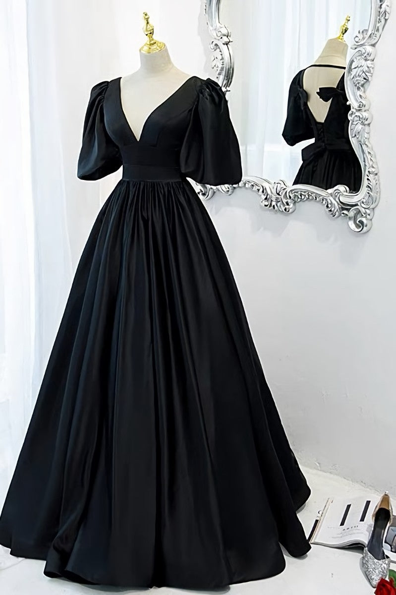 Bridesmaids Dresses Fall Colors, Classy Black Prom Dress Formal Dresses with Bubble Sleeves