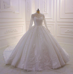 Wedding Dress Pricing, Classy Long A-line High Neck Appliques Lace Pearl Sequins Ruffles Wedding Dress with Sleeves
