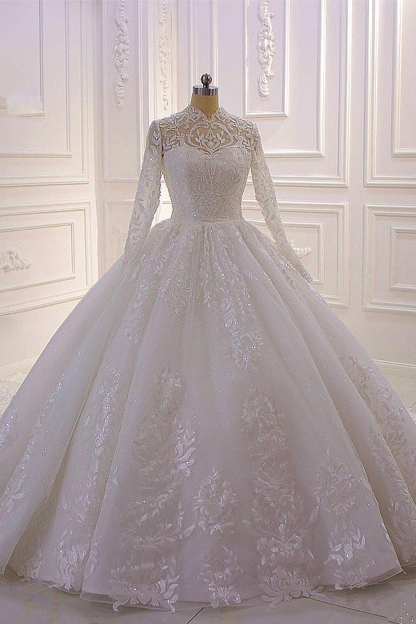 Wedding Dress Price, Classy Long A-line High Neck Appliques Lace Pearl Sequins Ruffles Wedding Dress with Sleeves
