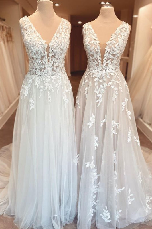 Wedding Dresses For Fall Weddings, Classy Long A-Line Sweetheart Appliques Lace Open Back Wedding Dress