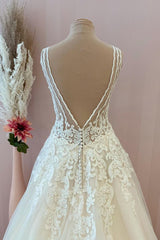 Wedding Dress With Covered Back, Classy Long A-Line Sweetheart Appliques Lace Tulle Backless Wedding Dress