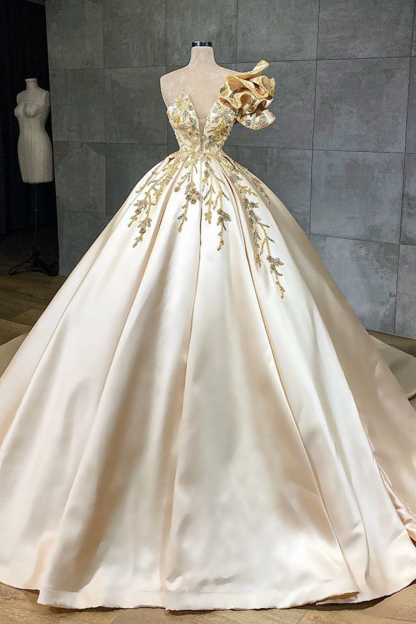 Wedding Dress Stores Near Me, Classy Long A-Line Sweetheart Crystal Satin Ruffles Wedding Dress