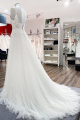 Wedding Dress Off The Shoulder, Classy Long A-line Tulle V Neck Sleeveless Lace Wedding Dress