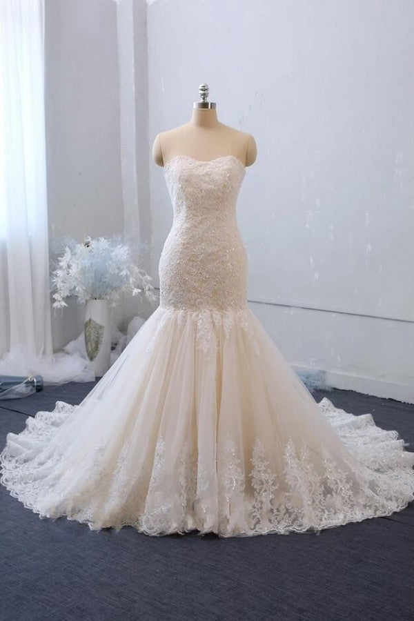 Wedding Dresses White, Classy Long Mermaid Sweetheart Backless Appliques Lace Tulle Wedding Dress