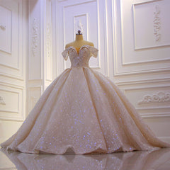 Wedding Dresses Outfit, Classy Long Off the Shoulder Sequin Beading Satin Ball Gown Wedding Dress