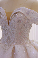 Wedding Dresses Inspiration, Classy Long Off the Shoulder Sequin Beading Satin Ball Gown Wedding Dress