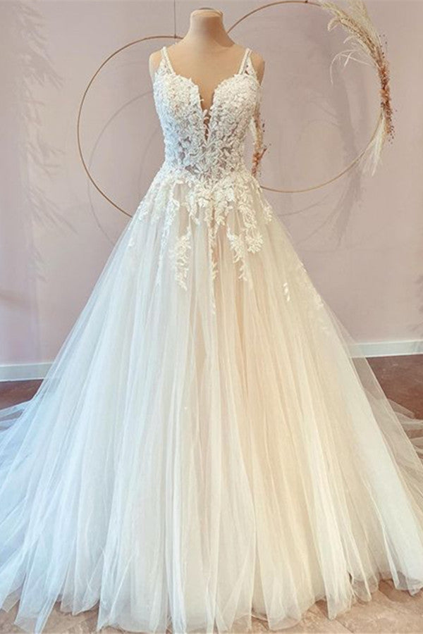 Wedding Dress Perfect For Summer, Classy Long Princess Sweetheart Tulle Appliques Lace Wedding Dresses