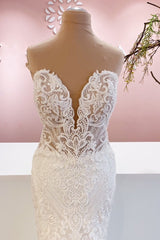 Wedding Dresses Lace, Classy Long Sweetheart Backless Mermaid Wedding Dress With Appliques Lace