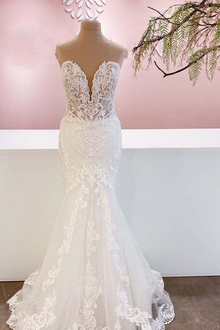 Wedding Dress Ideas, Classy Long Sweetheart Backless Mermaid Wedding Dress With Appliques Lace