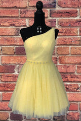 Prom Dress Beautiful, Classy Yellow One Shoulder Short Formal Gown with Beading