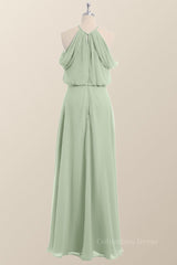 Prom Dress Online, Cold Sleeve Sage Green Blouson Chiffon Long Bridesmaid Dress