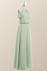 Prom Dresses Floral, Cold Sleeve Sage Green Blouson Chiffon Long Bridesmaid Dress
